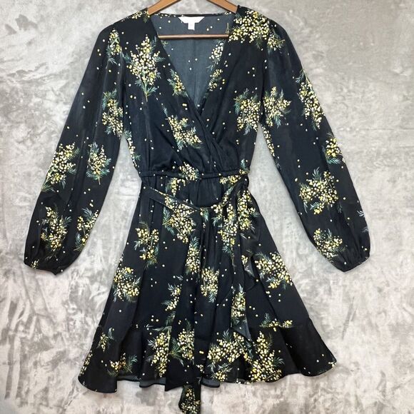 LC Lauren Conrad Dresses & Skirts - Lauren Conrad Black Floral Balloon Sleeve Wrap Dress with Belt Womens Size XS